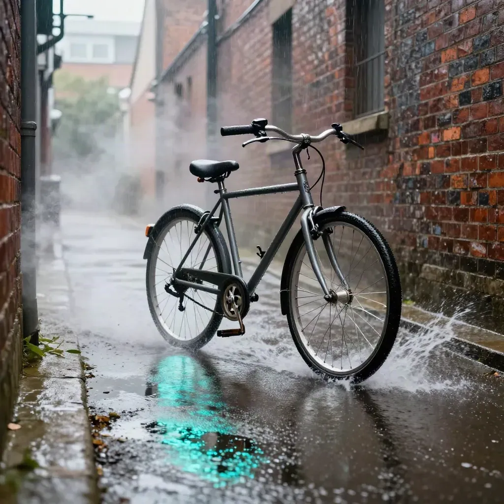 Courier bike slashes through a wet alley past steam, brick walls, and a glowing puddle.