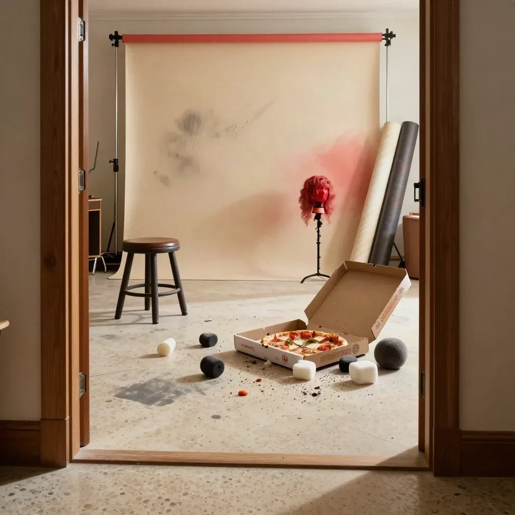 Messy comedy studio set with toppled props, open pizza box, and scattered foam shapes in warm daylight.