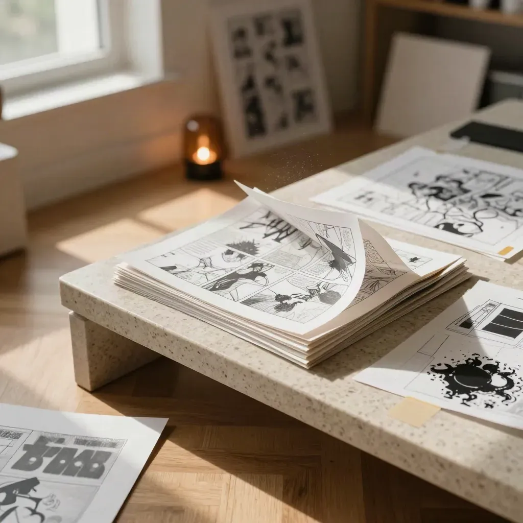 Studio floor with comic page drafts, paper scraps, ink tests, and a curling sheet under warm light.