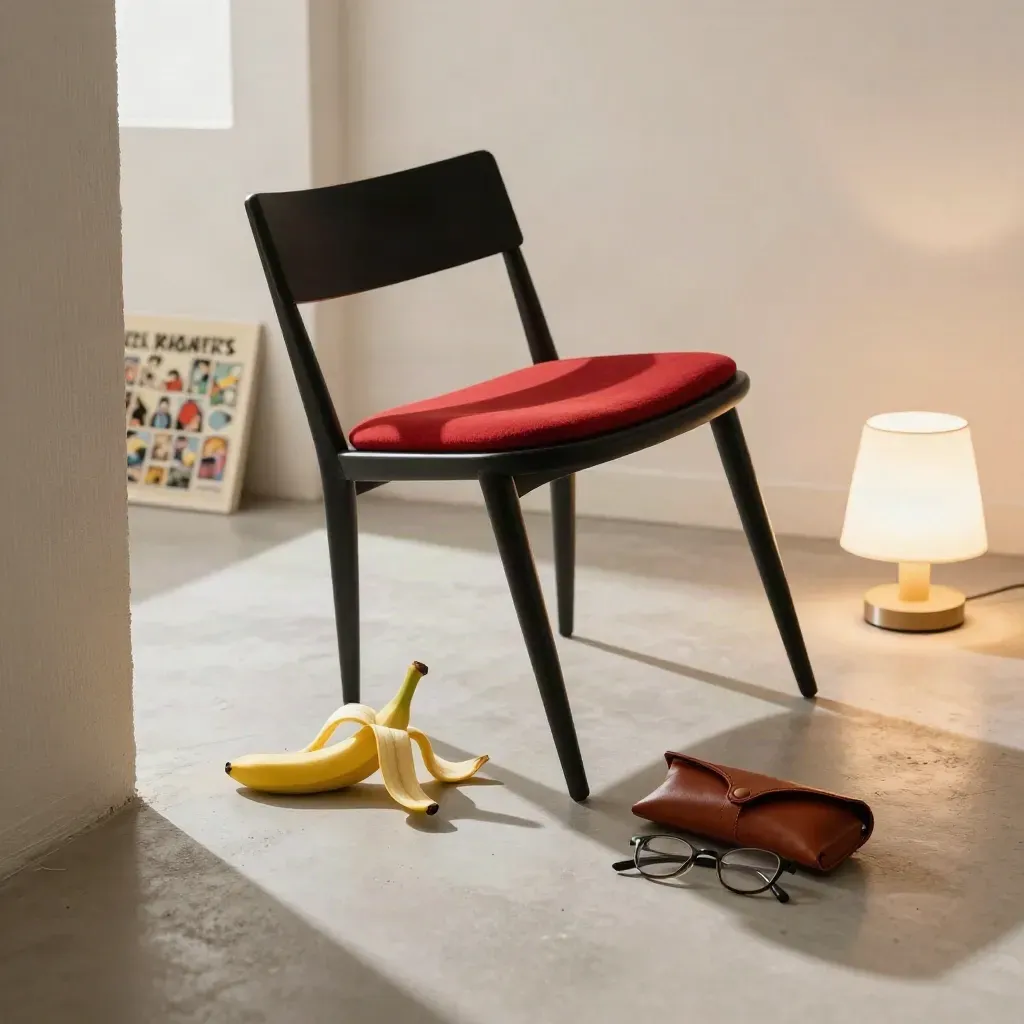 Tilted chair, banana peel, glasses case and glowing lamp on a warm studio floor.