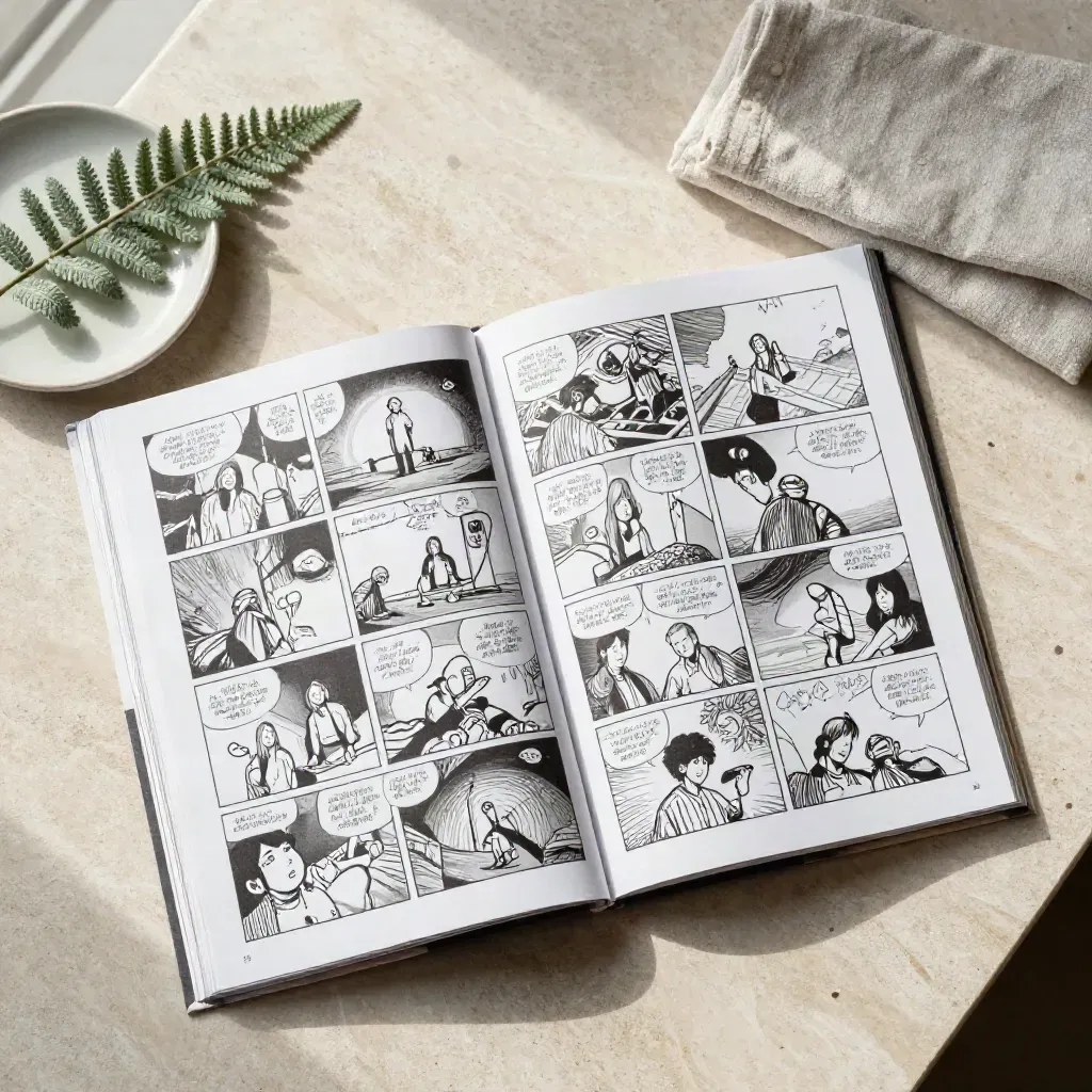 Overhead comic issue with fern, ceramic dish, and linen on pale stone.