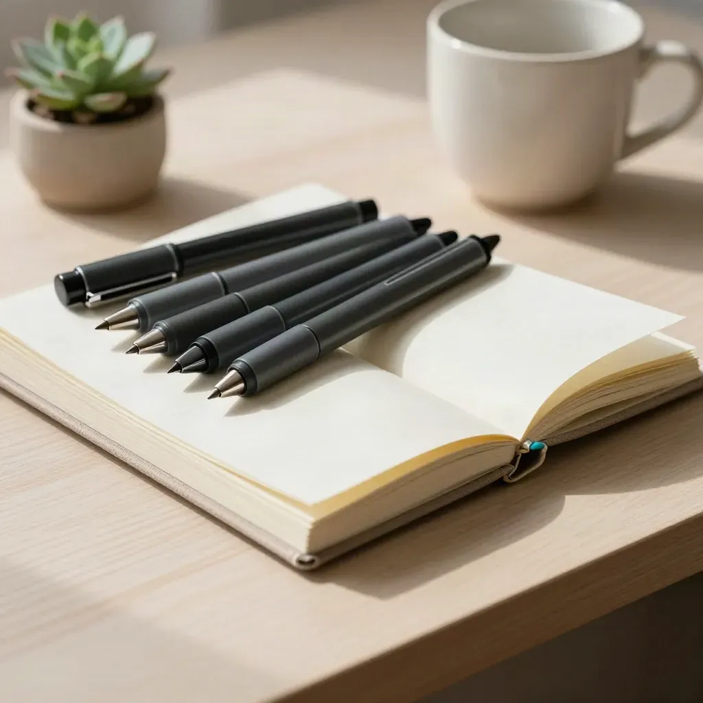 Sketch pens, open artist journal, ceramic cup, and succulent on a pale wood desk.