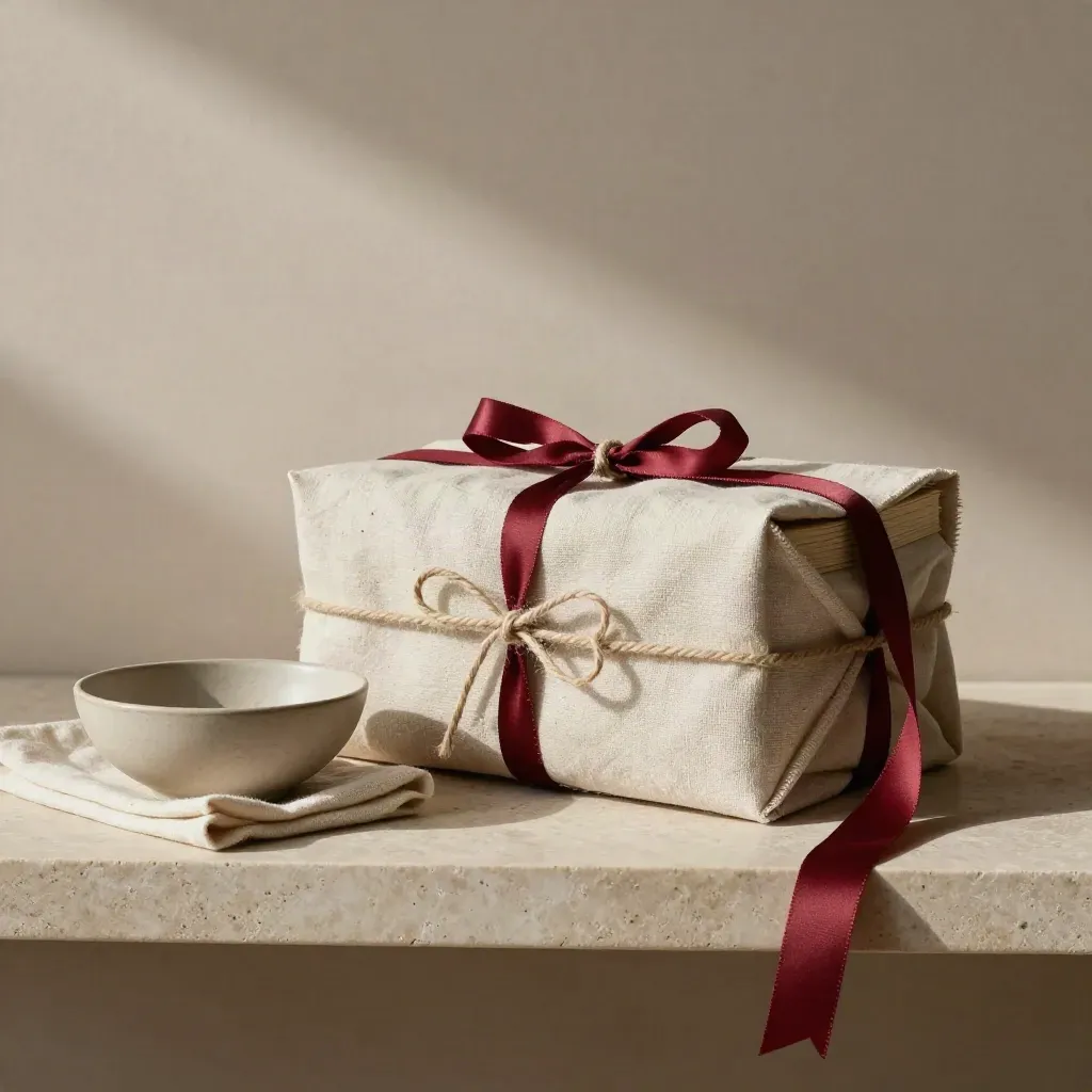 Linen-wrapped print editions beside a ceramic bowl and folded cloth on a limestone shelf.
