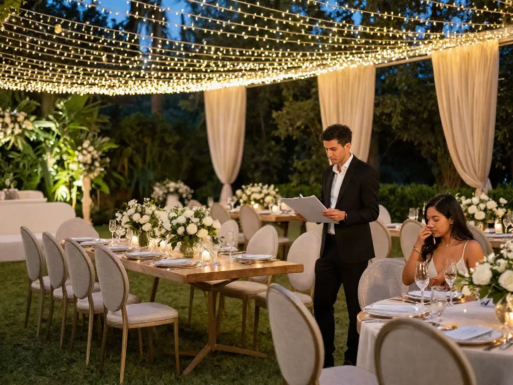 Event furniture rental showcased in a sophisticated outdoor wedding layout with stylish seating and decor